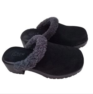 J. Crew Women's Black Suede Clogs Leather Wooden Chunky Shoes 2" Sz 6